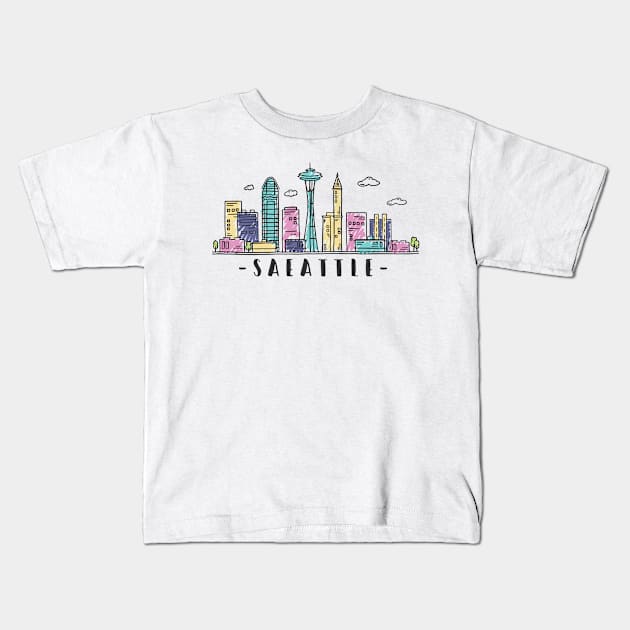 Seattle Washington Grey Skyline Hand Drawn Style Kids T-Shirt by RajaGraphica